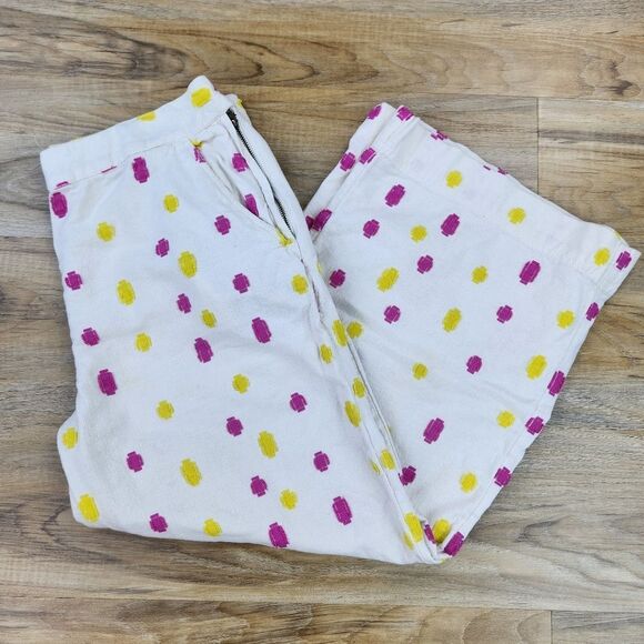 🔹️Anthropologie Cream w/Pink & Yellow Dot Wide Leg Cropped Pants Size 10 - Picture 2 of 15